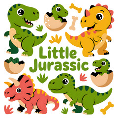 Obraz premium Cute little jurassic dinosaur cartoon characters collection isolated on transparent background
