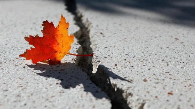 A vibrant orange leaf rests next to a crack in a textured, gray surface, with deep shadow