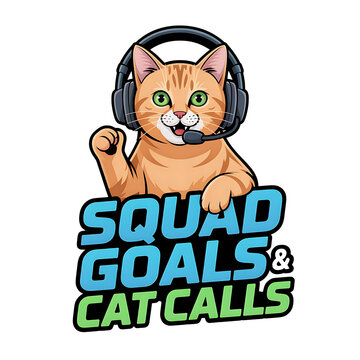 Cartoon ginger cat wearing gaming headset with text squad goals and cat calls isolated on transparent background