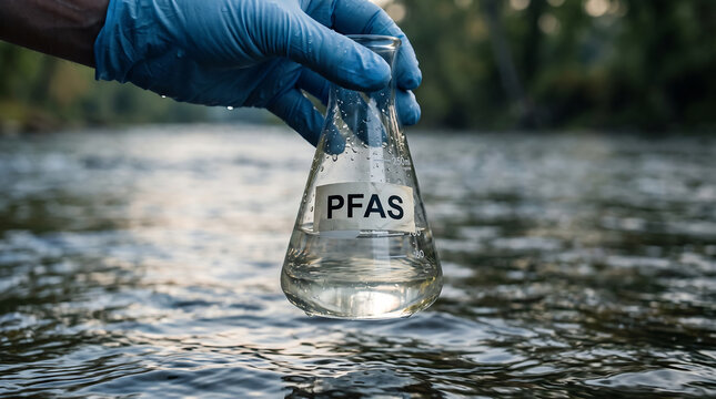 Scientist in blue protective gloves holding glass laboratory beaker containing liquid sample labeled pfas over flowing river water representing environmental chemical contamination.