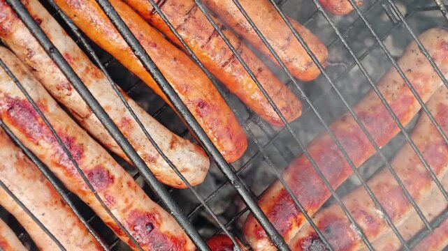Grilling sausage on a hot grill at a summer cookout event