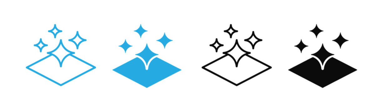 Cleaning icon set depicting a smooth, shining surface with sparkles, representing clean material, polishing, surface protection, hygiene, surface disinfection, pure leather, or anti-scratch coating.