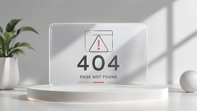 Website error 404 page not found alert displayed on transparent glass screen over white minimalist podium