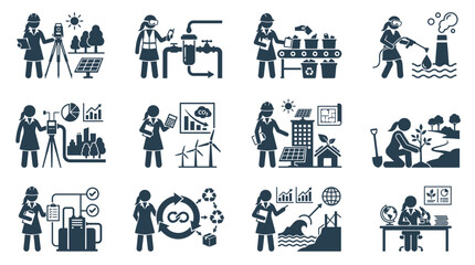 Woman Engineer Icons: Renewable Energy, Sustainability, Technology, and Industry Solutions © excange
