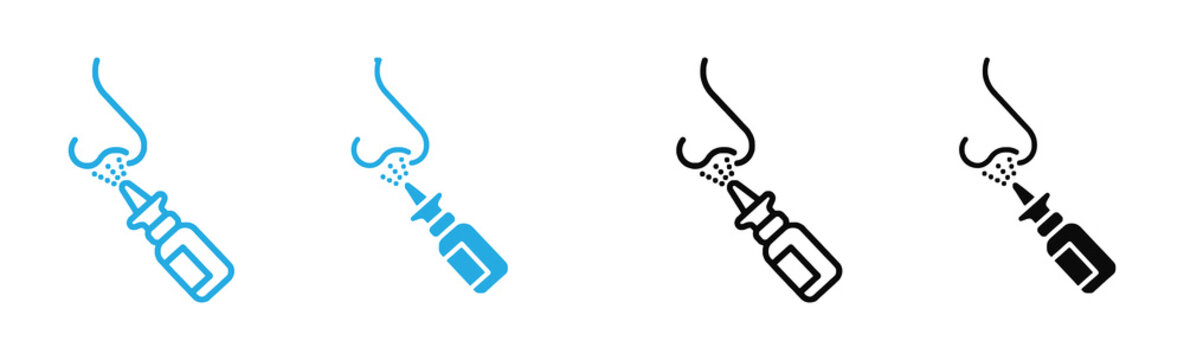 Medical icon set depicting a nasal spray bottle applying a mist into a human nose profile, representing decongestant treatment, allergy relief, cold, flu, sinusitis, and rhinitis remedies.