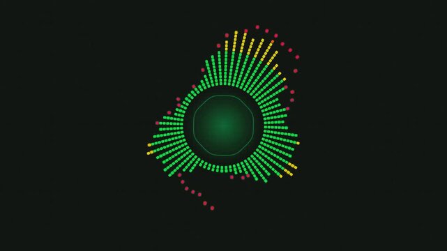 Abstract circular equalizer motion graphic with neon green and red glowing bars on dark background.