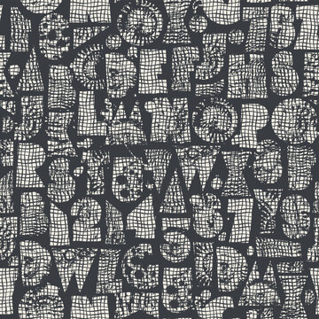 Abstract vector color seamless pattern with font consisting of geometric shapes with texture, shells on marine theme, newspaper text and spots and splash. Fabric, textile, t-shirt design, tiles