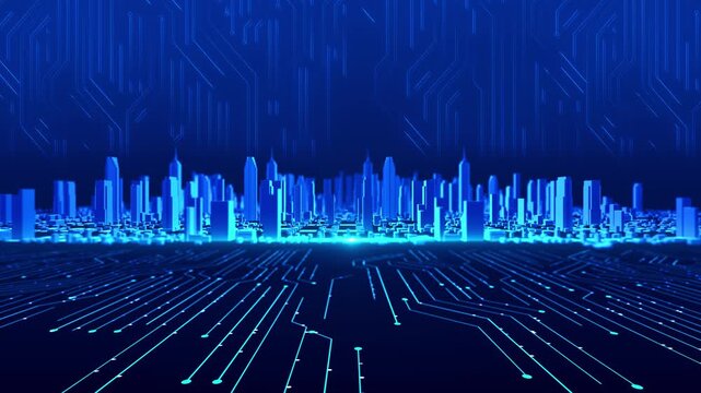 Futuristic smart city 19 visual blue skyscrapers, circuit board floor, and luminous data lines. urban analytics, business reports, IoT videos, digital economy themes, motion
