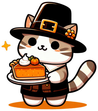 A cat wearing a pilgrim hat holding a slice of pumpkin pie, Japanese cartoon style