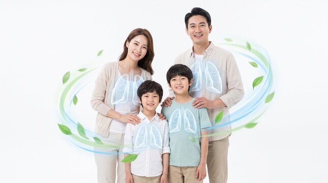 Happy Asian family embracing with clean air and healthy lungs graphic concept representing fresh breathing