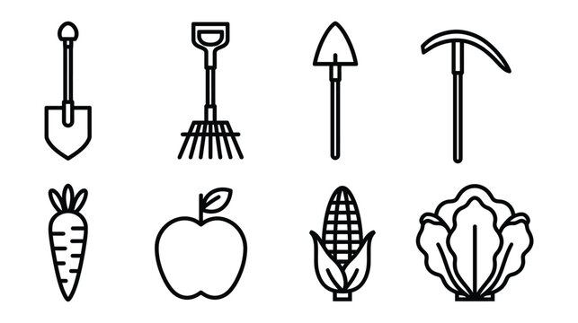 Garden silhouette icon set featuring agricultural implements