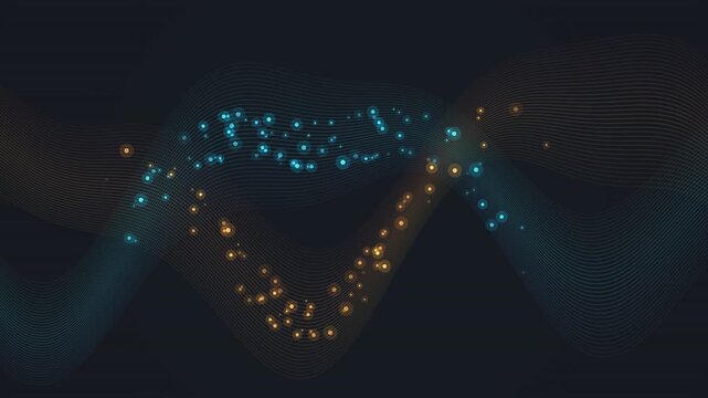 Abstract swirling light particles with flowing wavy lines motion graphics background.