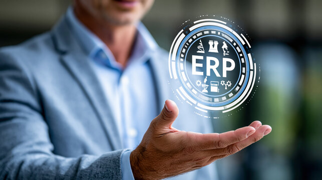 Faceless business analyst holding an ERP dashboard integrating finance, operations, and supply chain, ERP system, business analytics, enterprise management, centralized system,