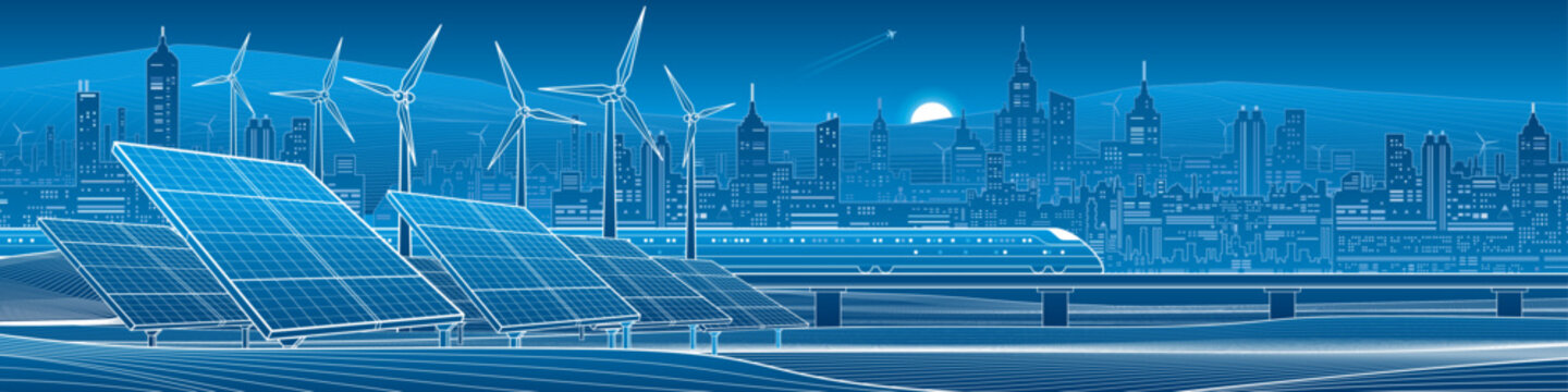 Panoramic smart city with solar panels, wind turbines and high-speed train. Modern sustainable infrastructure, renewable energy and clean transportation vector background.