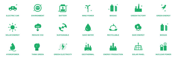 Fototapeta premium Green Energy and Ecology Icon Set: Vector collection featuring renewable energy, electric vehicle, wind power, solar panels, recycling, CO2 reduction, and sustainable environment icons.