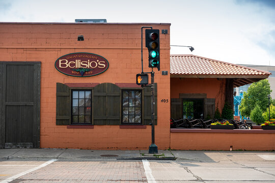 Duluth, MN, USA - July 25, 2026: The exterior building sign and facade of Bellisio's Italian Restaurant and Wine Bar located in the Canal Park district.