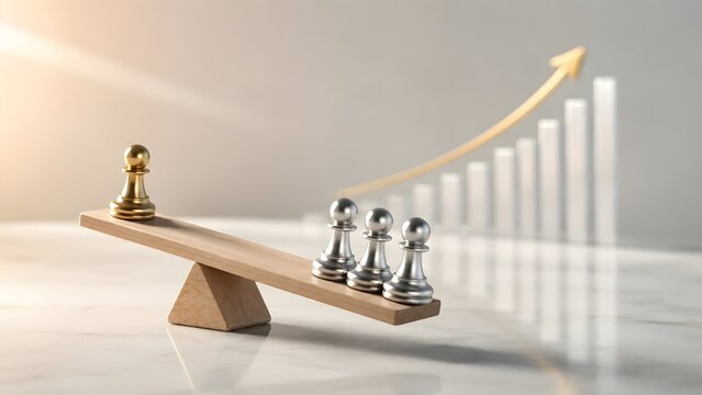 Competitive advantage and business leadership concept showing single golden chess pawn outweighing silver pawns with rising financial chart