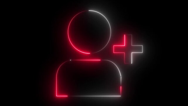 Glowing profile add user icon animation on black background .Looped Neon Lines abstract contact with add friend icon animation plus sign add member head face people man profile animated ..