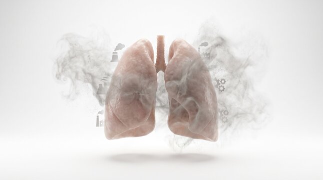 3D medical illustration of human lungs surrounded by toxic smoke and airborne particles depicting environmental pollution and respiratory health risks