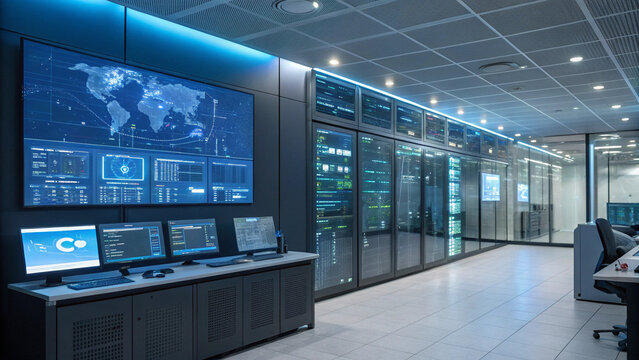 Modern data center control room with multiple screens displaying digital information and world maps