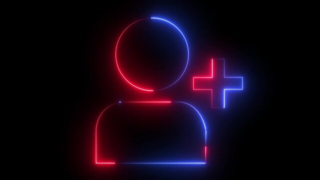 Glowing profile add user icon animation on black background .Looped Neon Lines abstract contact with add friend icon animation plus sign add member head face people man profile animated ..