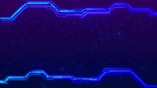 Futuristic neon tech frame visual with electric blue circuit edges, dark starry center, and clean space for text. Perfect for digital presentations, cyber videos, gaming layouts, and motion graphics.