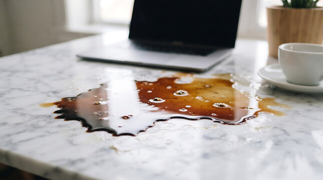 Spilled coffee puddle on a white marble desk next to a laptop and cup with accident workplace caffeine workspace business technology computer careless beverage