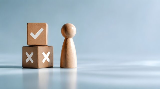 Strategic decision making and quality control evaluation concept with wooden figure standing next to approved checkmark block