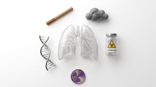 Human lungs surrounded by various cancer risk factors including cigarette smoke toxic chemicals radiation and genetic damage symbols