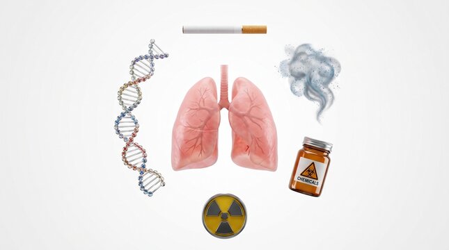 Human Lungs Surrounded by Cancer Risk Factors Representing Cellular Damage and Health Hazards