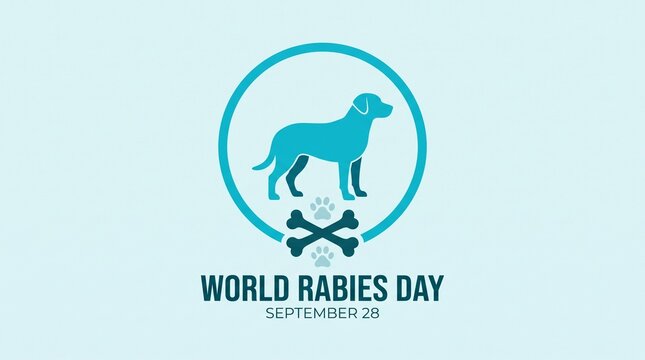 World Rabies Day awareness banner for September 28, blue dog silhouette logo with crossed bones, veterinary healthcare and animal safety concept