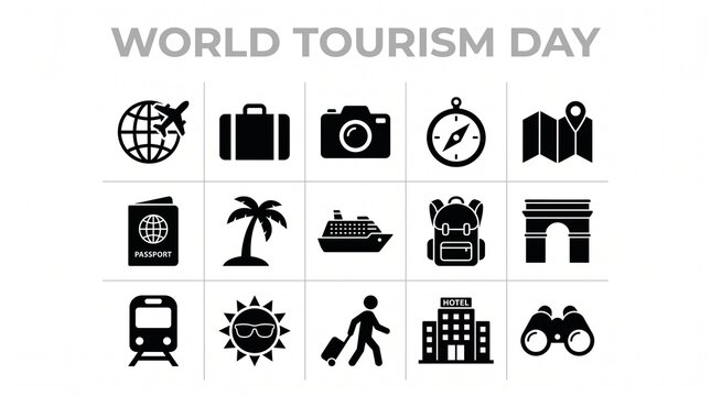 World Tourism Day icon set with 15 black travel symbols, minimalist vacation graphic elements, flat vector style holiday icons for web design