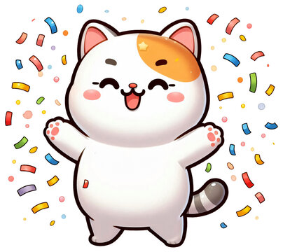 A cat throwing confetti in the air, Korean cute cartoon style