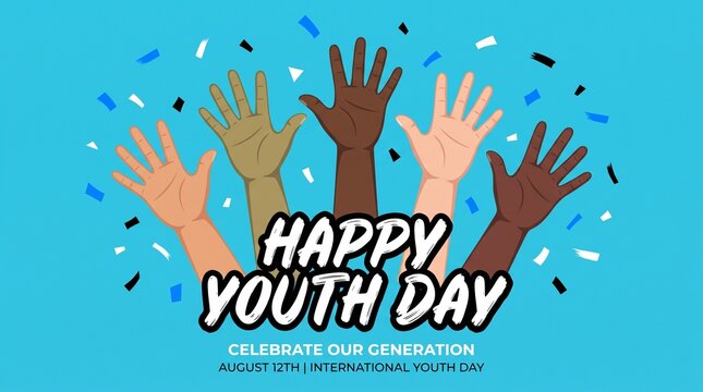 International Youth Day celebration banner, diverse hands raised in unity on blue background, Happy Youth Day August 12th social media graphic