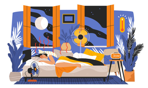 Heatwave Europe tropical night bedroom insomnia woman sweating fans open windows moon plants hot temperature night scene