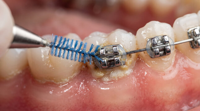 Interproximal brush cleaning metal orthodontic braces on human teeth to remove plaque and food debris for gum health and hygiene maintenance in professional dental clinic.