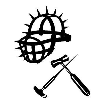 Dark medieval spiked cage helmet with crossed tools vector