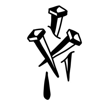 Dark gothic line art illustration of iron nails with blood