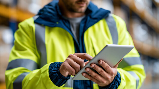 Faceless warehouse worker using a digital tablet for inventory management in a modern distribution center, inventory management, warehouse technology, distribution center, tablet