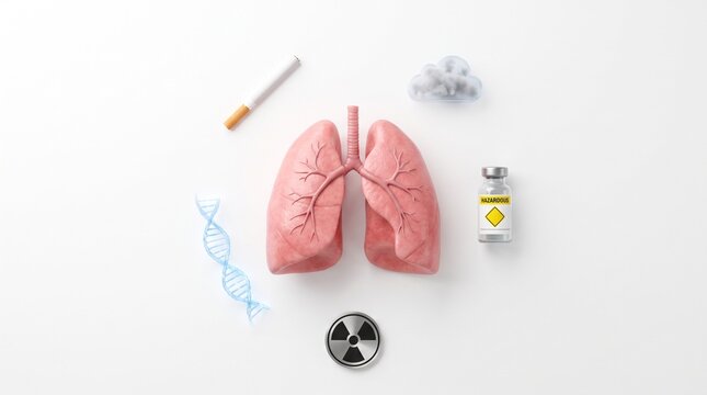 Medical illustration of human lungs with icons representing respiratory health risks and environmental hazards on a plain white background