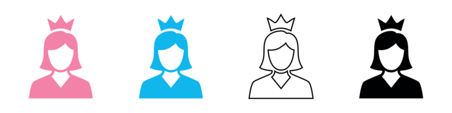 Queen crown icon set, royal woman avatar for beauty and fashion design