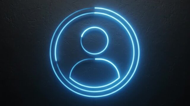 Neon blue user profile icon glowing on dark wall