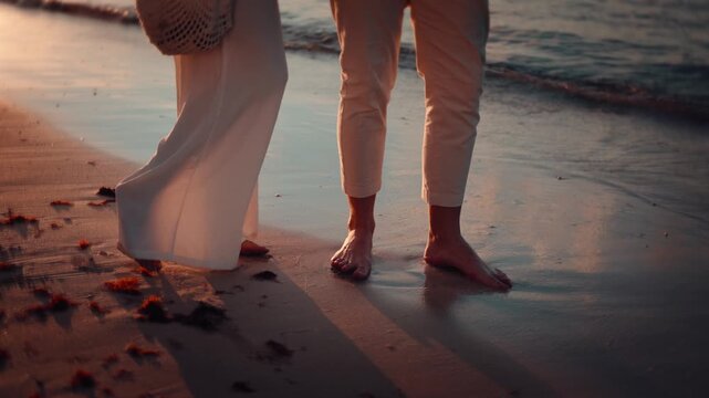 View of a couple standing on the sandy beach at sunset with waves washing over their feet in Samana, Samana Province, Dominican Republic.