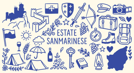Fototapeta premium San Marino summer doodle icon set. medieval castle tower, shield, sword, wine bottle, compass, tent. for european tourism poster, historic travel brochure. hand drawn line art vector set.