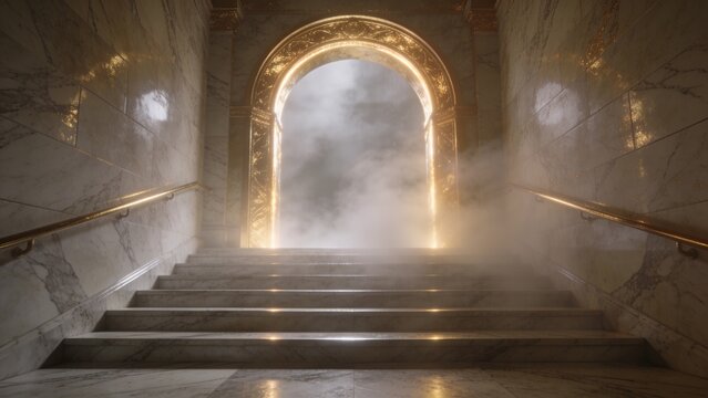 Bathing ornate gilded archway, golden light spilling down marble staircase, mist filling landing
