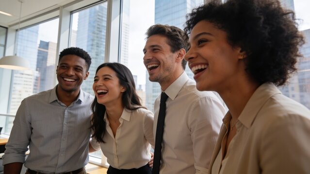 Laughing colleagues in business attire standing by glass windows in modern high-rise, city skyline