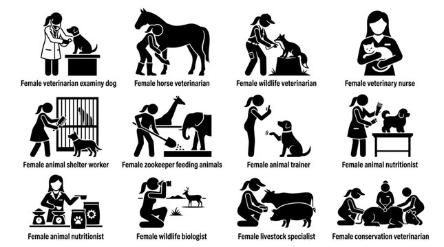 Veterinarian Icons: Diverse Animal Care Professions and Services