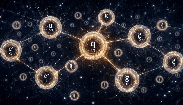 Quantum particle subatomic structure visualization with floating nuclei and orbiting elemental symbols in dark energy field.