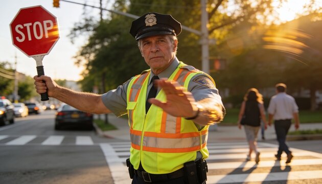 Directing traffic officer in reflective vest holding STOP paddle and raising right arm on crosswalk