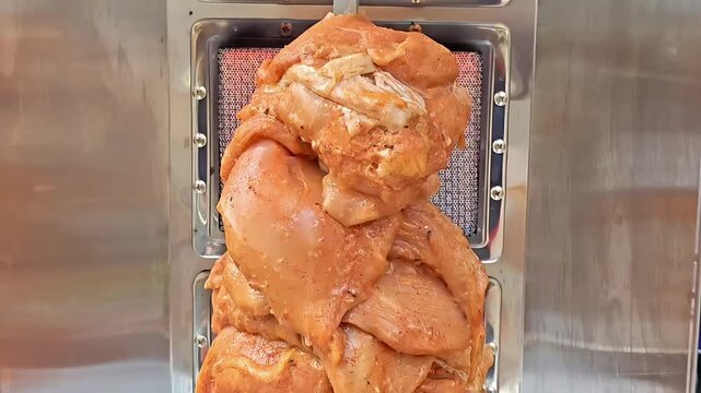 BBQ D&ouml;ner Kebab Chicken Meat in spinning gyro grill, Turkish Arabic Barbecue, Lunch, Ramadan Mediterranean Grilled Fast Food, Closeup Shot